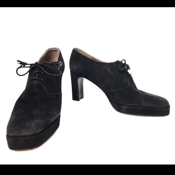 Stuart Weitzman Women’s Black Leather Suede Block High Heel Pump Lace Up US 9 AA